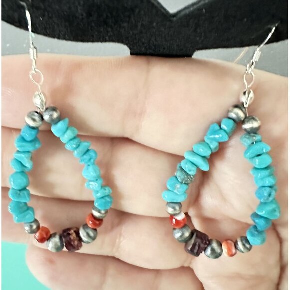 Native American Handmade Silver & Genuine Multi Gemstone Teardrop Earrings - Picture 4 of 6